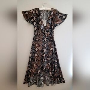 Chelsea 28 Womens Ruffle Wrap Dress Brown Snakeskin Flutter Sleeve, Rayon Sz XS
